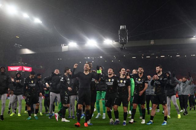 Paris Saint-Germain's Brazilian defender #05 Marquinhos celebrates after the UEFA Champions League quarter final, second-leg football match between Liverpool and Paris Saint-Germain at Anfield in Liverpool, north west England on April 14, 2026. (Photo by Franck FIFE / AFP)