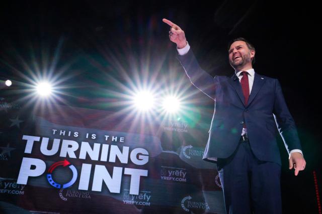 US Vice President JD Vance reacts as he takes the stage before speaking at a Turning Point USA event at the Akins Ford Arena at Classic Center in Athens, Georgia, on April 14, 2026. (Photo by Chip Somodevilla / POOL / AFP)