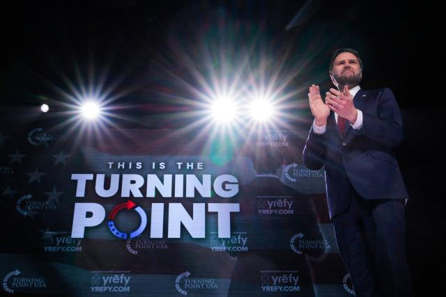 US Vice President JD Vance reacts as he takes the stage before speaking at a Turning Point USA event at the Akins Ford Arena at Classic Center in Athens, Georgia, on April 14, 2026. (Photo by Chip Somodevilla / POOL / AFP)
