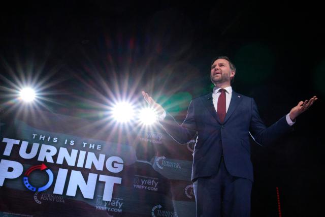 US Vice President JD Vance reacts as he takes the stage before speaking during a Turning Point USA event at the Akins Ford Arena at Classic Center in Athens, Georgia, on April 14, 2026. Vance has continued to support TPUSA and its mission following the 2025 murder of the conservative student organization's founder and leader, far-right activist Charlie Kirk. (Photo by Chip Somodevilla / POOL / AFP)