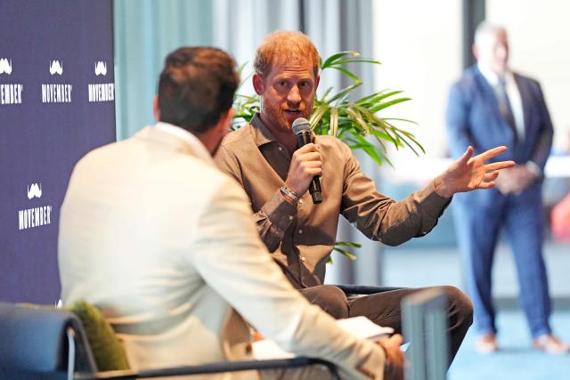 Britain's Prince Harry, Duke of Sussex, takes part in a Q&A session during a visit to a Movember event at Whitten Oval in Melbourne on April 15, 2026. (Photo by Jonathan Brady / POOL / AFP)