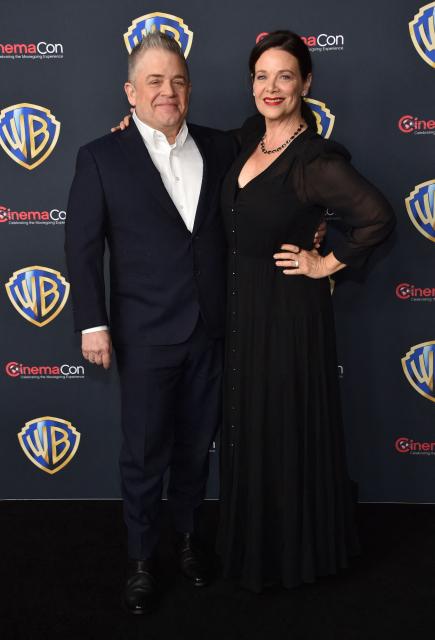 US actress Meredith Salenger (R) and US comedian Patton Oswalt attend the Warner Bros photo call during CinemaCon at The Colosseum at Caesars Palace on April 14, 2026 in Las Vegas, Nevada. (Photo by Chris Delmas / AFP)