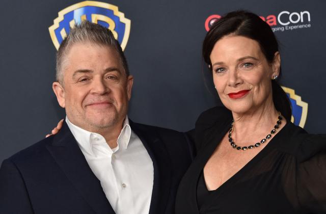 US actress Meredith Salenger (R) and US comedian Patton Oswalt attend the Warner Bros photo call during CinemaCon at The Colosseum at Caesars Palace on April 14, 2026 in Las Vegas, Nevada. (Photo by Chris Delmas / AFP)