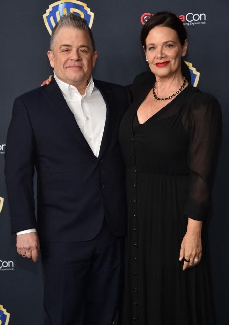 US actress Meredith Salenger (R) and US comedian Patton Oswalt attend the Warner Bros photo call during CinemaCon at The Colosseum at Caesars Palace on April 14, 2026 in Las Vegas, Nevada. (Photo by Chris Delmas / AFP)