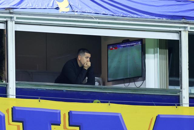 Boca Juniors President Juan Roman Riquelme looks on during the Copa Libertadores group stage football match between Argentina's Boca Juniors and Ecuador's Barcelona at La Bombonera stadium in Buenos Aires on April 14, 2026. (Photo by ALEJANDRO PAGNI / AFP)