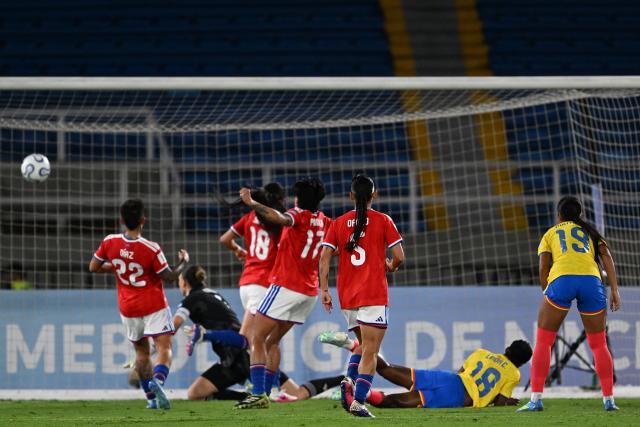 Colombia's forward #18 Linda Caicedo scores her team's first goal during the CONMEBOL Nations League Women football match between Colombia and Chile, at the Olimpico Pascual Guerrero stadium in Cali, Valle del Cauca, Colombia, on April 14, 2026. (Photo by JOAQUIN SARMIENTO / AFP)