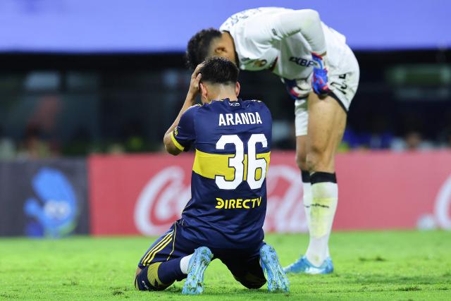 Boca Juniors' midfielder #36 Tomas Aranda reacts during the Copa Libertadores group stage football match between Argentina's Boca Juniors and Ecuador's Barcelona at La Bombonera stadium in Buenos Aires on April 14, 2026. (Photo by ALEJANDRO PAGNI / AFP)
