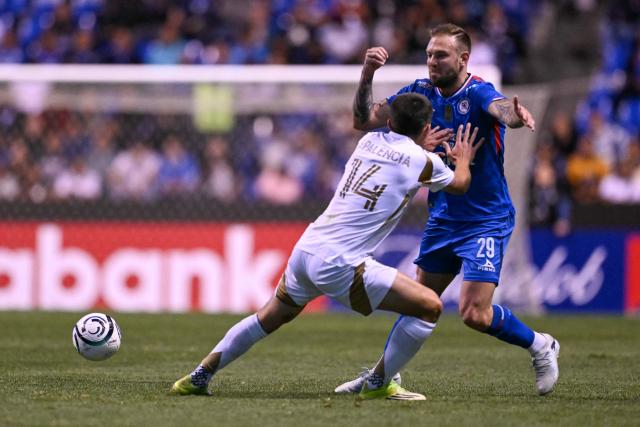 Los Angeles FC's Spanish defender #14 Sergi Palencia and Cruz Azul's Argentine forward #29 Rodolfo Rotondi fight for the ball during the CONCACAF Champions Cup quarterfinal football match between Mexico's Cruz Azul and US' Los AngelesFC (LAFC) at Cuauhtemoc stadium in Puebla, Mexico on April 14, 2026. (Photo by YURI CORTEZ / AFP)