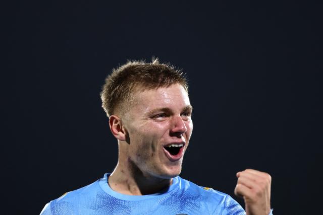 Montevideo City Torque's forward #18 Ramiro Lecchini celebrates his team's second goal during the Copa Sudamericana group stage football match between Chile's Palestino and Uruguay's Montevideo City Torque at Municipal de la Cisterna stadium in Santiago on April 14, 2026. (Photo by Javier TORRES / AFP)