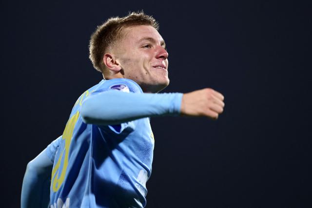 Montevideo City Torque's forward #18 Ramiro Lecchini celebrates his team's second goal during the Copa Sudamericana group stage football match between Chile's Palestino and Uruguay's Montevideo City Torque at Municipal de la Cisterna stadium in Santiago on April 14, 2026. (Photo by Javier TORRES / AFP)