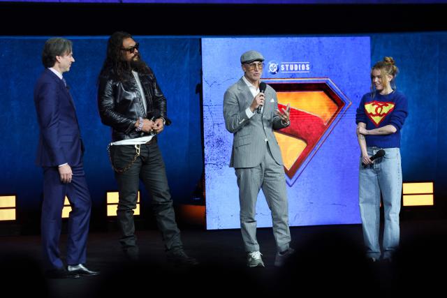 (L/R) British producer Peter Safran, US actor Jason Momoa, Australian director Craig Gillespie and Australian actress Milly Alcock promote the upcoming film “Supergirl” during Warner Bros presentation at CinemaCon at The Colosseum at Caesars Palace on April 14, 2026 in Las Vegas, Nevada. (Photo by VALERIE MACON / AFP)