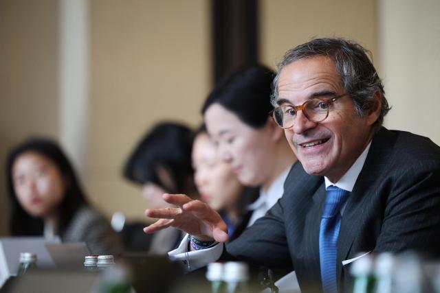 Director General of the International Atomic Energy Agency (IAEA) Rafael Grossi speaks during a press conference in Seoul on April 15, 2026. (Photo by KIM HONG-JI / POOL / AFP)