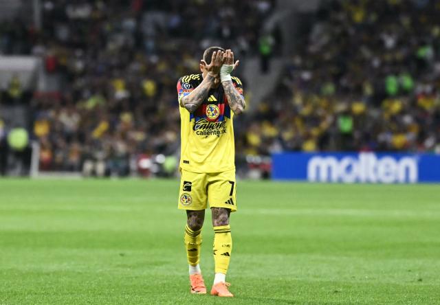 America's Uruguayan midfielder #07 Brian Rodriguez reacts during the CONCACAF Champions Cup quarterfinal football match between Mexico's America and US' NashvilleSC, at Banorte stadium in Mexico City, on April 14, 2026. (Photo by CARL DE SOUZA / AFP)