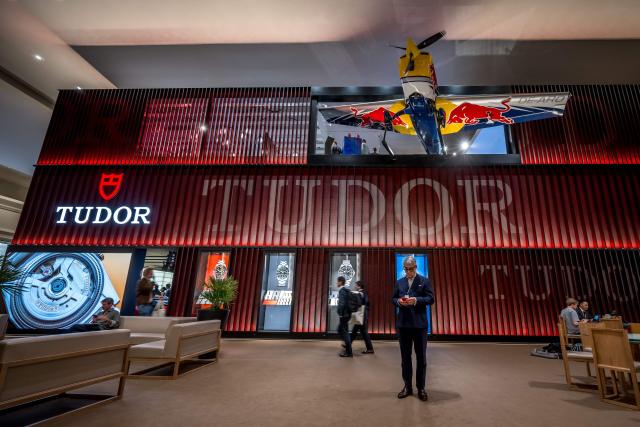 The booth of Swiss watchmaker Tudor, a sister company to Rolex is photographed on the opening day of the "Watches and Wonders Geneva" luxury watch fair, in Geneva, on April 14, 2026. The Geneva watch fair will be taken as a barometer of how the Middle East war is affecting the luxury goods sector. The Watches and Wonders salon -- the industry's biggest annual event -- sees 65 major watch brands, including Rolex, Patek Philippe, Cartier and Bulgari, display their latest creations until April 20. (Photo by Fabrice COFFRINI / AFP)
