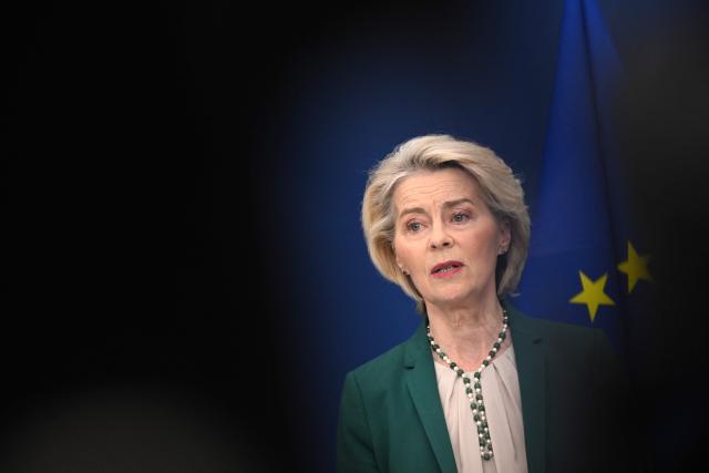 European Commission President Ursula von der Leyen addresses a statement about the EU digital age verification app in Brussels on April 15, 2026. (Photo by Nicolas TUCAT / AFP)