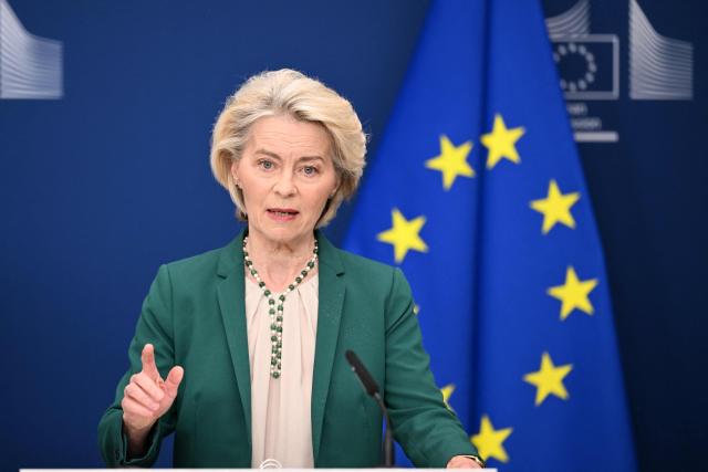 European Commission President Ursula von der Leyen addresses a statement about the EU digital age verification app in Brussels on April 15, 2026. (Photo by Nicolas TUCAT / AFP)