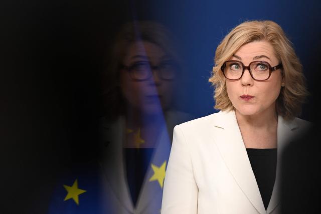 EU Executive Vice-President for Tech Sovereignty, Security and Democracy Henna Virkkunen addresses a statement about the EU digital age verification app in Brussels on April 15, 2026. European Commission President Ursula von der Leyen called on April 15, 2026 for “a harmonised European approach” to the protection of minors online, which could be supported by a European age-verification app set to be released soon. (Photo by Nicolas TUCAT / AFP)