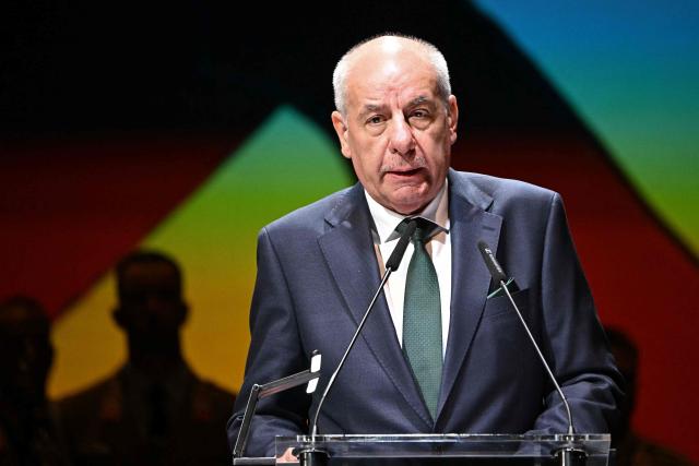 (FILES) Hungary's President Tamas Sulyok addresses a gala to celebrate the Polish-Hungarian Friendship Day (March 23) at the local theatre of Kaposvar, a town about 200 km south of the Hungarian capital, on March 21, 2025. Hungary's new leader Peter Magyar said on April 15, 2026 that he had told President Tamas Sulyok, a supporter of ousted prime minister Viktor Orban, that he should resign following Orban's election defeat. (Photo by Attila KISBENEDEK / AFP)