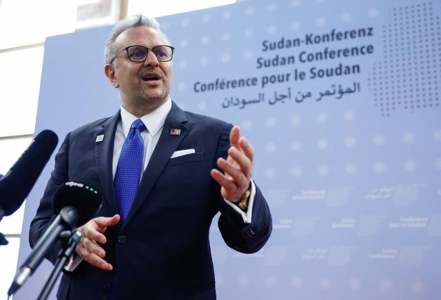 the US' Department of State's senior advisor to the president for Arab and African Affairs Massad Fares Boulos gives a statement as he arrives to attend the third international conference on Sudan, at the Foreign Office in Berlin on April 15, 2026. Now entering its fourth year, the war in Sudan between the army and the paramilitary Rapid Support Forces (RSF) has killed tens of thousands of people, displaced more than 11 million, and thrust several areas into hunger and famine. Donors are due to gather in Berlin on April 15 for an international conference on the conflict, aimed at reviving faltering peace talks and mobilising aid. The meeting brings together governments, aid agencies and civil society groups, but excludes both the Sudanese army and the paramilitary Rapid Support Forces. (Photo by Odd ANDERSEN / AFP)