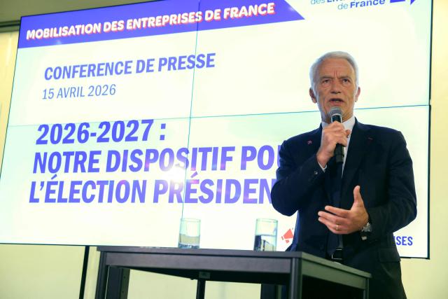 French union Movement of the Enterprises of France (MEDEF) President Patrick Martin addresses the audience during a press conference on MEDEF’s initiatives ahead of the 2027 presidential election, in Paris on April 15, 2026. (Photo by Alain JOCARD / AFP)