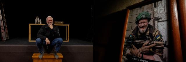 A combination  of photos created on April 15, 2026 shows Oleksiy Kravchuk, 62, art director of the Lviv Academic Theater "People and Dolls", director, actor and veteran, sitting on stage next to his puppets from the play "Wings" at the puppet theater in Lviv on March 25, 2026, and a portrait of him in his soldier's uniform. When Oleksiy Kravchuk joined the Ukrainian military at the start of Russia's invasion in 2022, he fought as a sniper and was known by his military nickname Saint Nicholas. Wounded in combat in May 2022 in eastern Ukraine, he then started evacuating the bodies of his colleagues who had been less lucky -- those killed on the battlefield -- before being discharged when he reached 60 years old. Since then he has been retelling his life as a civilian and soldier through theatrical stories told with wiry white figurines made from paper. (Photo by Tetiana DZHAFAROVA / AFP)