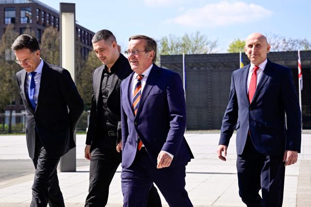 (From L) NATO Secretary General Mark Rutte, Ukraine's Defence Minister Mykhailo Fedorov, German Defence Minister Boris Pistorius and Britain's Defence Secretary John Healey leave after a family picture prior to a Ministerial Meeting of the Ukraine Defence Contact Group (UDCG) at the German Defence Ministry in Berlin on April 15, 2026. (Photo by Tobias SCHWARZ / AFP)