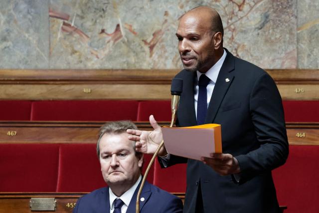 Libertes, Independants, Outre-Mer et Territoires' MP Olivier Serva speaks during a session of questions to the government at the National Assembly, French Parliament lower house, in Paris on April 15, 2026. (Photo by STEPHANE DE SAKUTIN / AFP)