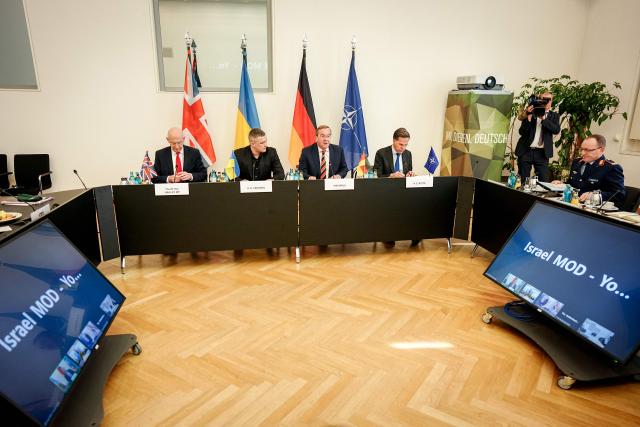 (From L) Britain's Defence Secretary John Healey, Ukraine's Defence Minister Mykhailo Fedorov, German Defence Minister Boris Pistorius and NATO Secretary General Mark Rutte attend a Ministerial Meeting of the Ukraine Defence Contact Group (UDCG) at the German Defence Ministry in Berlin on April 15, 2026. (Photo by Kay Nietfeld / POOL / AFP)