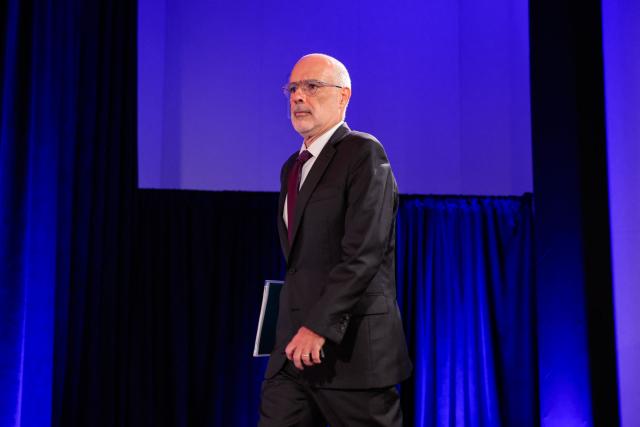 Rodrigo Valdes, Director of the IMF Fiscal Affairs Department, arrives to speak during a Fiscal Monitor press briefing during the 2026 IMF and World Bank Group Spring Meetings in Washington, DC, on April 15, 2026. (Photo by Kent Nishimura / AFP)