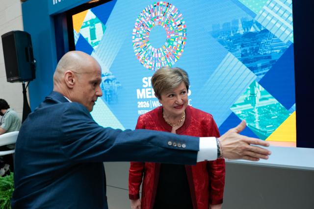 IMF Managing Director Kristalina Georgieva prepares to greet Pakistan's Finance Minister Muhammad Aurangzeb  during the 2026 IMF and World Bank Group Spring Meetings in Washington, DC, on April 15, 2026. (Photo by Kent Nishimura / AFP)