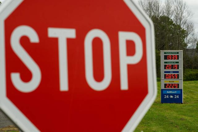 This photograph shows fuel prices displayed on a totem at a Leclerc petrol station in Saint-Etienne-de-Montluc, western France, on April 15, 2026, as US-Israel war on Iran, launched on February 28, has roiled global energy and equities markets, sending oil prices skyrocketing after Tehran virtually closed the key Strait of Hormuz. (Photo by Loic VENANCE / AFP)