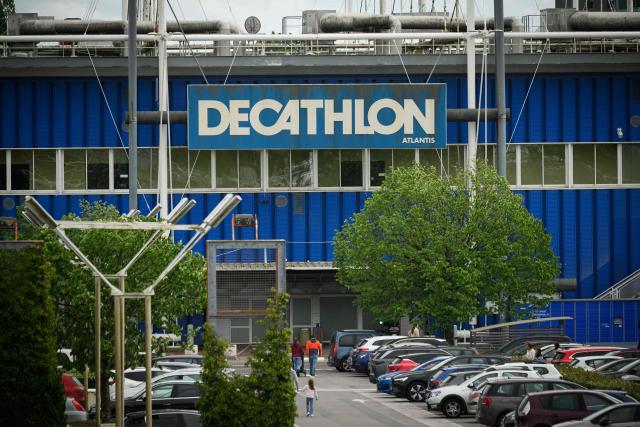 This picture shows a logo on a Decathlon sporting goods store in Saint-Herblain, western France, on April 15, 2026. (Photo by Loic VENANCE / AFP)