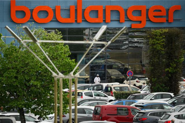 This picture shows a logo on a Boulanger electric goods store in Saint-Herblain, western France, on April 15, 2026. (Photo by Loic VENANCE / AFP)