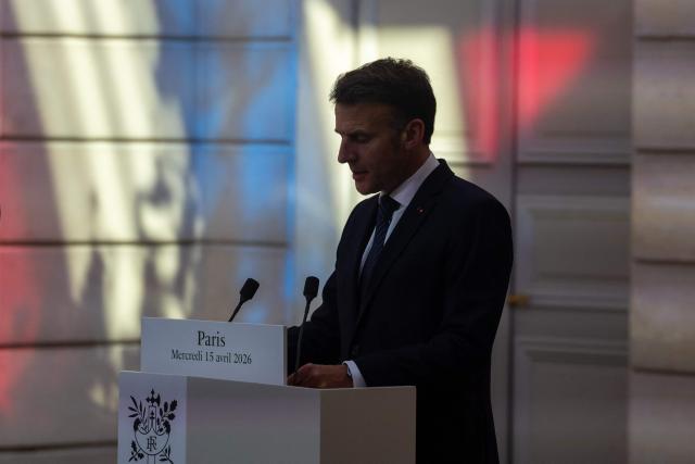 French President Emmanuel Macron gives a press conference with the president of Mauritania ahead of a state banquet at the Elysee Presidential Palace in Paris on April 15, 2026. (Photo by Christophe PETIT TESSON / POOL / AFP)
