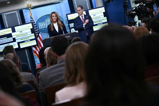 Administrator of the Small Business Administration Kelly Loeffler speaks next to US Treasury Secretary Scott Bessent during a press briefing in the Brady Briefing Room at the White House in Washington, DC, on April 15, 2026. (Photo by Brendan SMIALOWSKI / AFP)