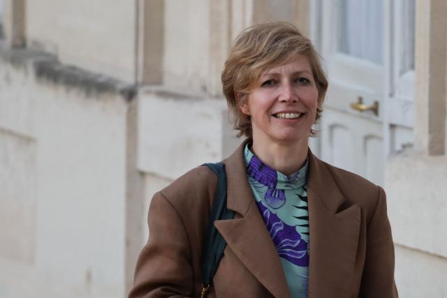 Head of the Arab World Institute (IMA), Anne-Claire Legendre arrives at a state banquet held in honour of Mauritania's President at the Elysee Presidential Palace in Paris on April 15, 2026. (Photo by Ludovic MARIN / AFP)