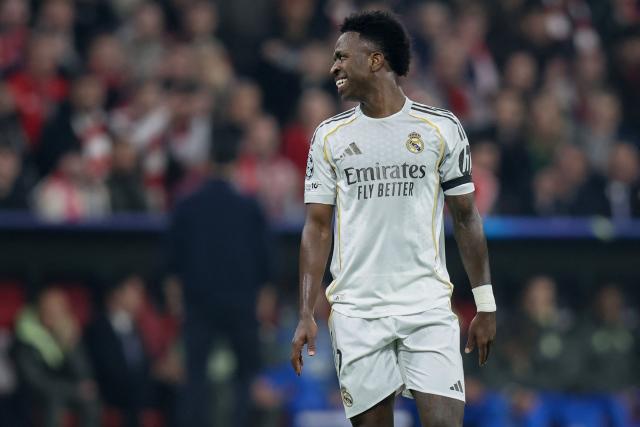 Real Madrid's Brazilian forward #07 Vinicius Junior reacts during the UEFA Champions League quarter-final second leg football match between FC Bayern Munich and Real Madrid in Munich, southern Germany, on April 15, 2026. (Photo by Alexandra BEIER / AFP)