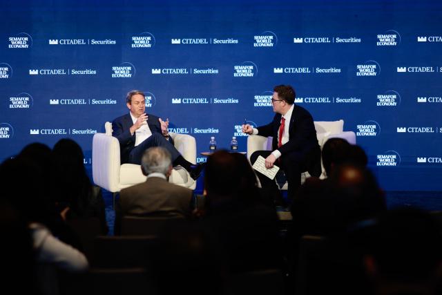 Marcus Lazarus, CEO of VERSANT speaks during the 2026 Semafor World Economy conference in Washington, DC, on April 15, 2026. (Photo by Kent NISHIMURA / AFP)