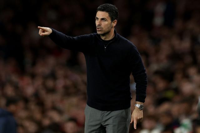 Arsenal's Spanish manager Mikel Arteta gestures during the UEFA Champions League quarter-final, second-leg football match between Arsenal and Sporting Lisbon at the Emirates Stadium in north London on April 15, 2026. (Photo by Adrian Dennis / AFP)