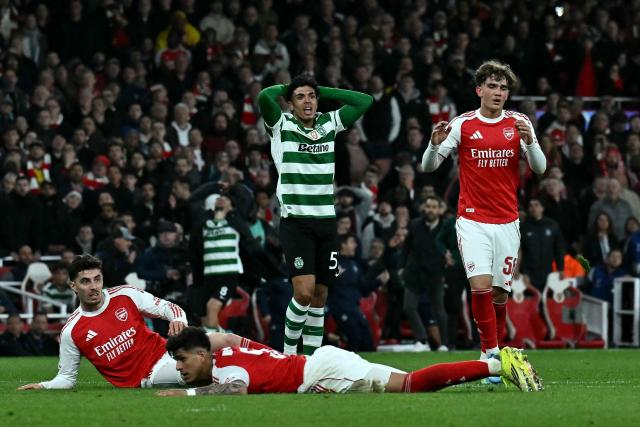 Sporting Lisbon's Portuguese midfielder #52 Joao Simoes reacts after failing to score during the UEFA Champions League quarter-final, second-leg football match between Arsenal and Sporting Lisbon at the Emirates Stadium in north London on April 15, 2026. (Photo by Ben STANSALL / AFP)