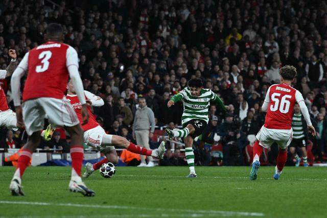 Sporting Lisbon's Portuguese midfielder #52 Joao Simoes shoots but fails to score during the UEFA Champions League quarter-final, second-leg football match between Arsenal and Sporting Lisbon at the Emirates Stadium in north London on April 15, 2026. (Photo by Ben STANSALL / AFP)