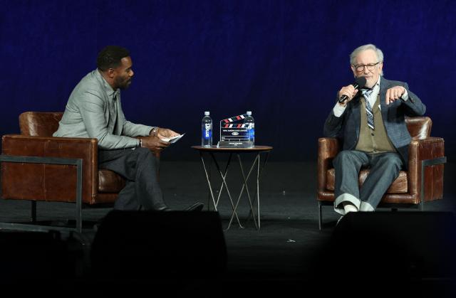 US actor Colman Domingo and US filmmaker Steven Spielberg speak on stage after Spielberg recieved the MPA America 250 Award during Universal Pictures and Focus Features presentation at CinemaCon at The Colosseum at Caesars Palace in Las Vegas, Nevada, on April 15, 2026. (Photo by VALERIE MACON / AFP)