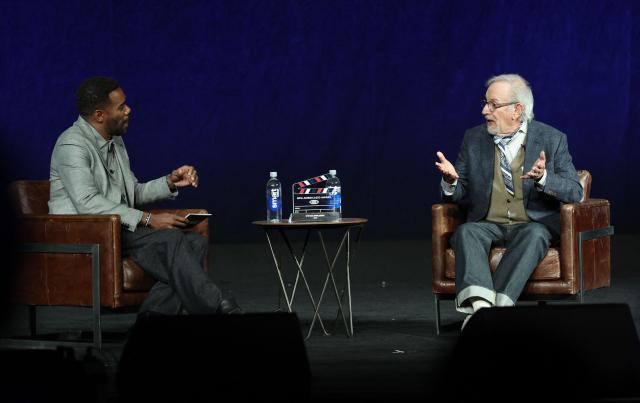 US actor Colman Domingo and US filmmaker Steven Spielberg speak on stage after Spielberg recieved the MPA America 250 Award during Universal Pictures and Focus Features presentation at CinemaCon at The Colosseum at Caesars Palace in Las Vegas, Nevada, on April 15, 2026. (Photo by VALERIE MACON / AFP)