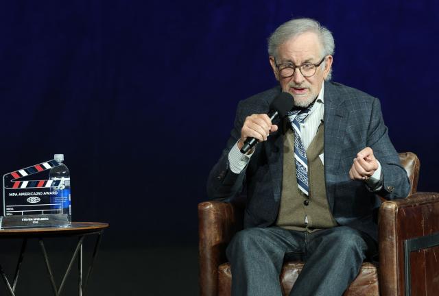 US filmmaker Steven Spielberg speaks on stage after recieving the MPA America 250 Award during Universal Pictures and Focus Features presentation at CinemaCon at The Colosseum at Caesars Palace in Las Vegas, Nevada, on April 15, 2026. (Photo by VALERIE MACON / AFP)
