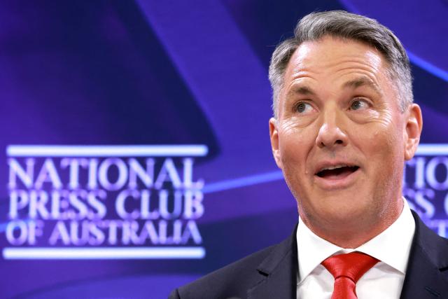 Australia's Defence Minister Richard Marles speaks at the National Press Club in Canberra on April 16, 2026. Australia will lift defence spending to three percent of GDP by 2033 as armed conflicts flare worldwide, the government said on April 16. (Photo by DAVID GRAY / AFP)