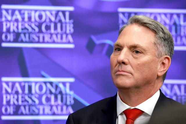 Australia's Defence Minister Richard Marles speaks at the National Press Club in Canberra on April 16, 2026. Australia will lift defence spending to three percent of GDP by 2033 as armed conflicts flare worldwide, the government said on April 16. (Photo by DAVID GRAY / AFP)