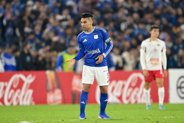 Millonarios' forward #09 Radamel Falcao gestures during the Copa Sudamericana group stage football match between Colombia's Millonarios and Uruguay's Boston River at the Nemesio Camacho El Campin Stadium in Bogota on April 15, 2026. (Photo by Raul ARBOLEDA / AFP)