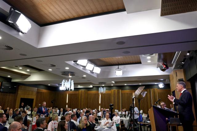 Australia's Defence Minister Richard Marles speaks at the National Press Club in Canberra on April 16, 2026. Australia will lift defence spending to three percent of GDP by 2033 as armed conflicts flare worldwide, the government said on April 16. (Photo by DAVID GRAY / AFP)