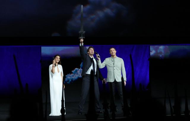 US actress Camila Mendes, British actor Nicholas Galitzine and US director Travis Knight promote the upcoming film "Masters of the Universe" during the Amazon MGM Studios presentation at CinemaCon at The Colosseum at Caesars Palace on April 15, 2026 in Las Vegas, Nevada. (Photo by VALERIE MACON / AFP)