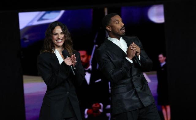 US actors Michael B. Jordan and Adria Arjona promote the upcoming film "The Thomas Crown Affair" during the Amazon MGM Studios presentation at CinemaCon at The Colosseum at Caesars Palace on April 15, 2026 in Las Vegas, Nevada. (Photo by VALERIE MACON / AFP)